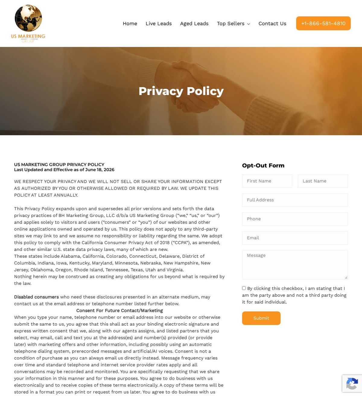 US Marketing Group's opt-out page, captured 23 Oct 2026