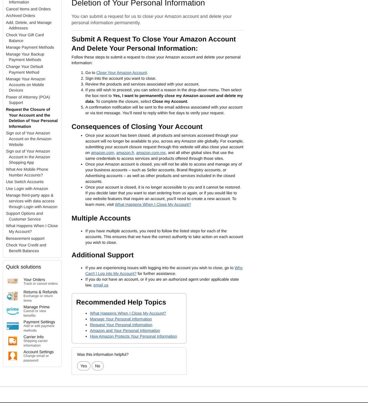 The official help page for how to delete your amazon account, captured 23 Oct 2026