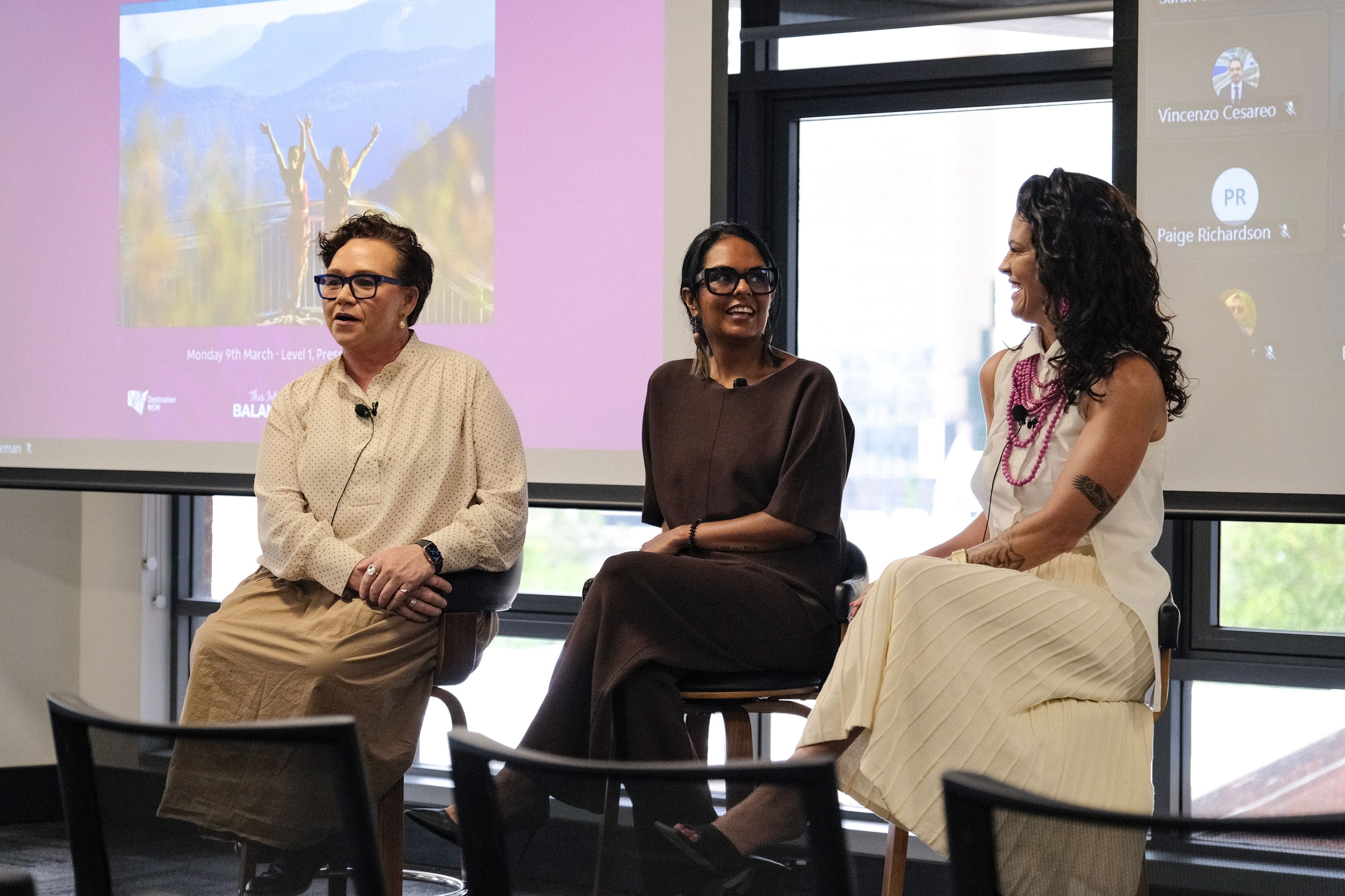 Panel featuring Sharon Winsor, Professor Teela Reid and Jarin Ingram Baigent.