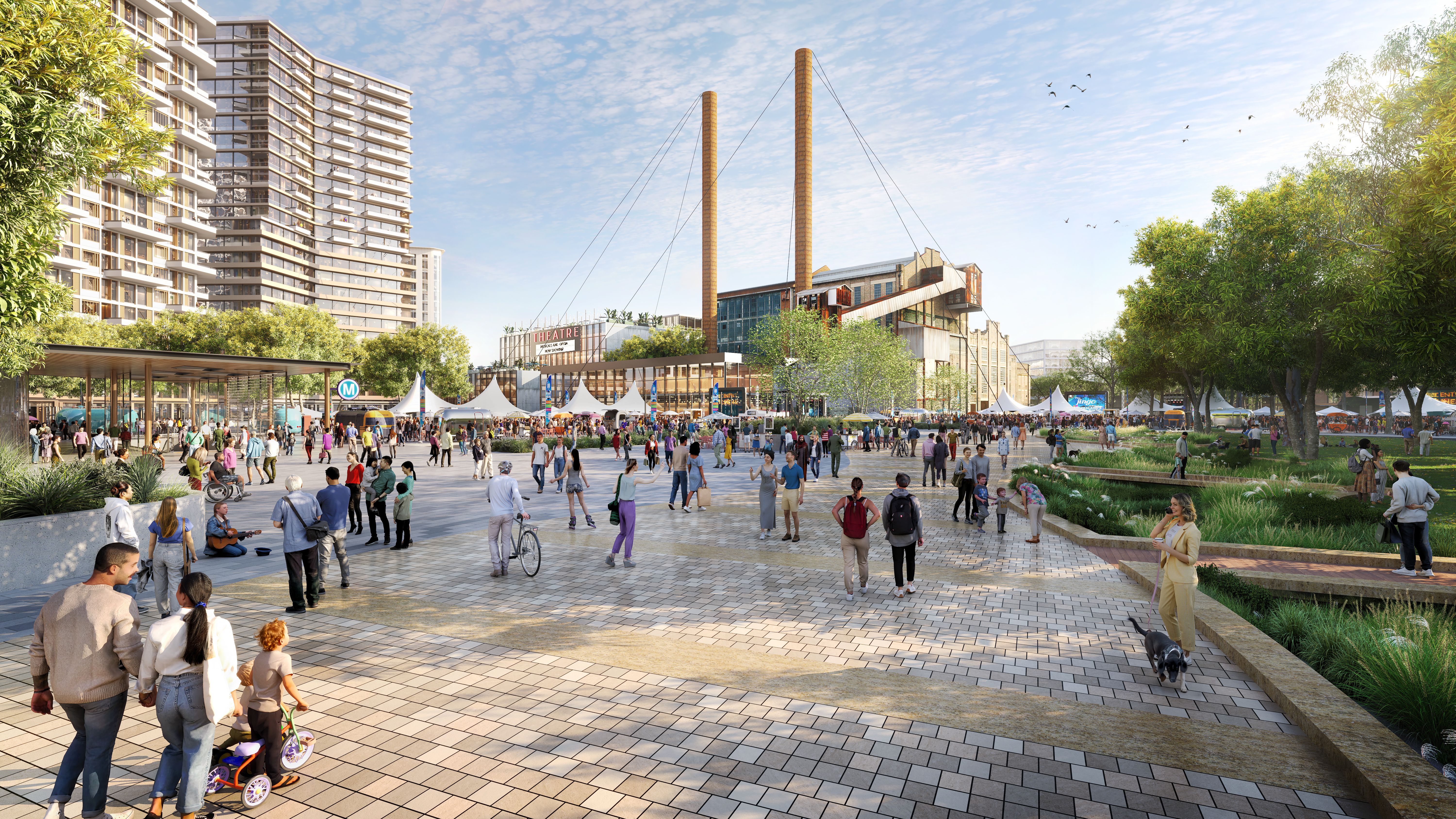 Render of public space at Bays West precinct