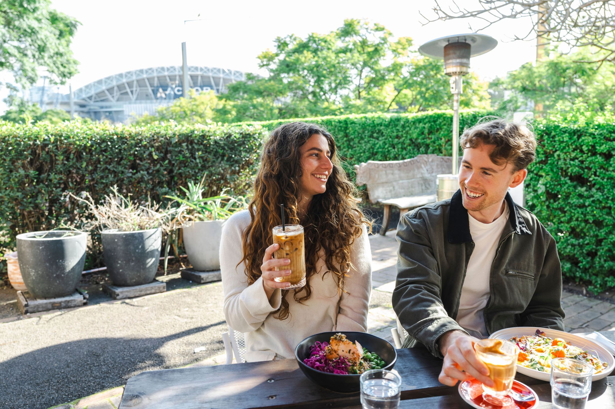 Couple visits Abbattoir Blues Cafe for lunch in Sydney Olympic Park