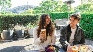 Couple visits Abbattoir Blues Cafe for lunch in Sydney Olympic Park