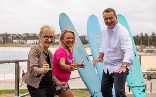 Minister for Small Business Janelle Saffin, Let's Go Surfing founder Brenda Miley and Minister for Jobs and Tourism Steve Kamper