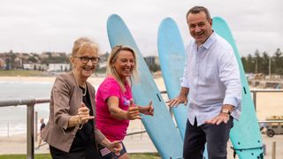 Minister for Small Business Janelle Saffin, Let's Go Surfing founder Brenda Miley and Minister for Jobs and Tourism Steve Kamper