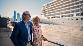 A couple ahead of a cruise experience at White Bay Cruise Terminal in Sydney