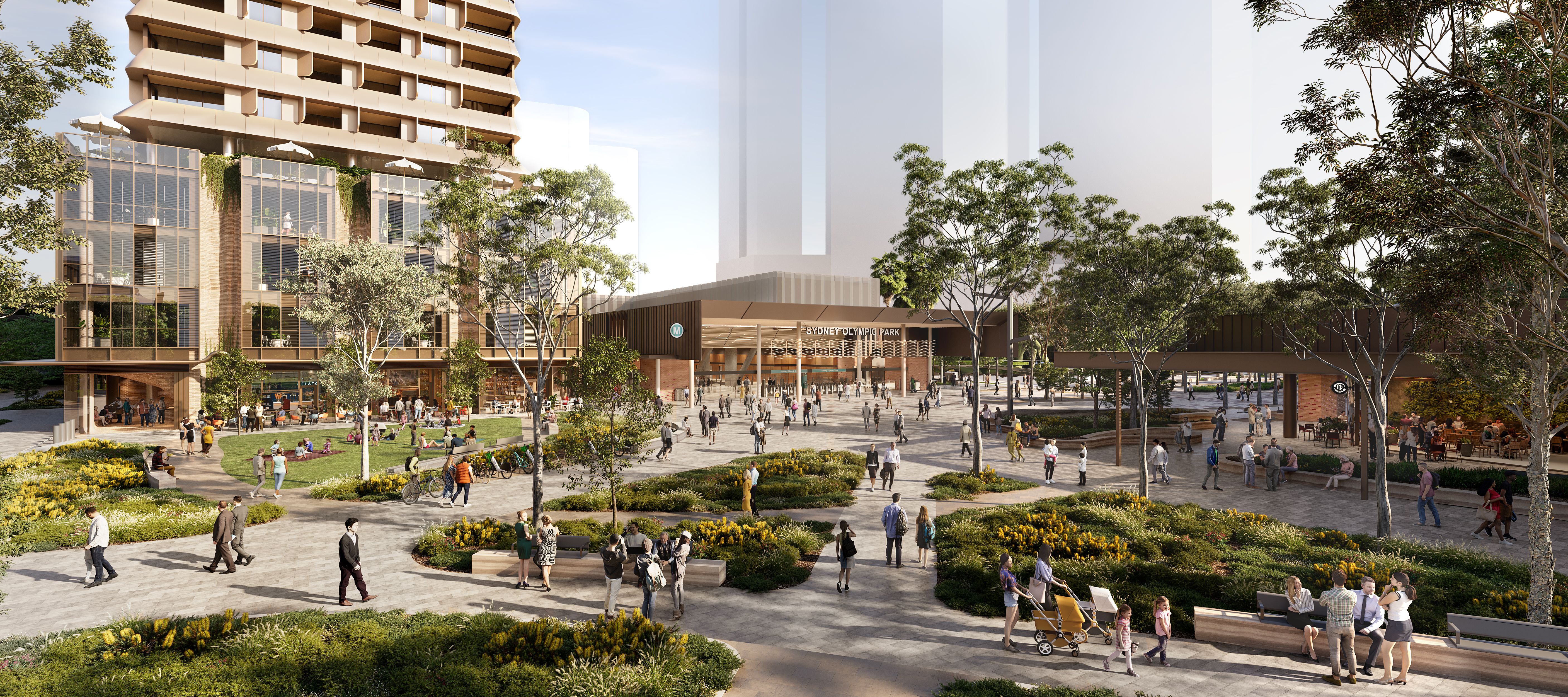 Render showing people entering Sydney Olympic Park metro station