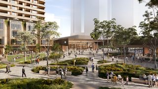Render showing people entering Sydney Olympic Park metro station