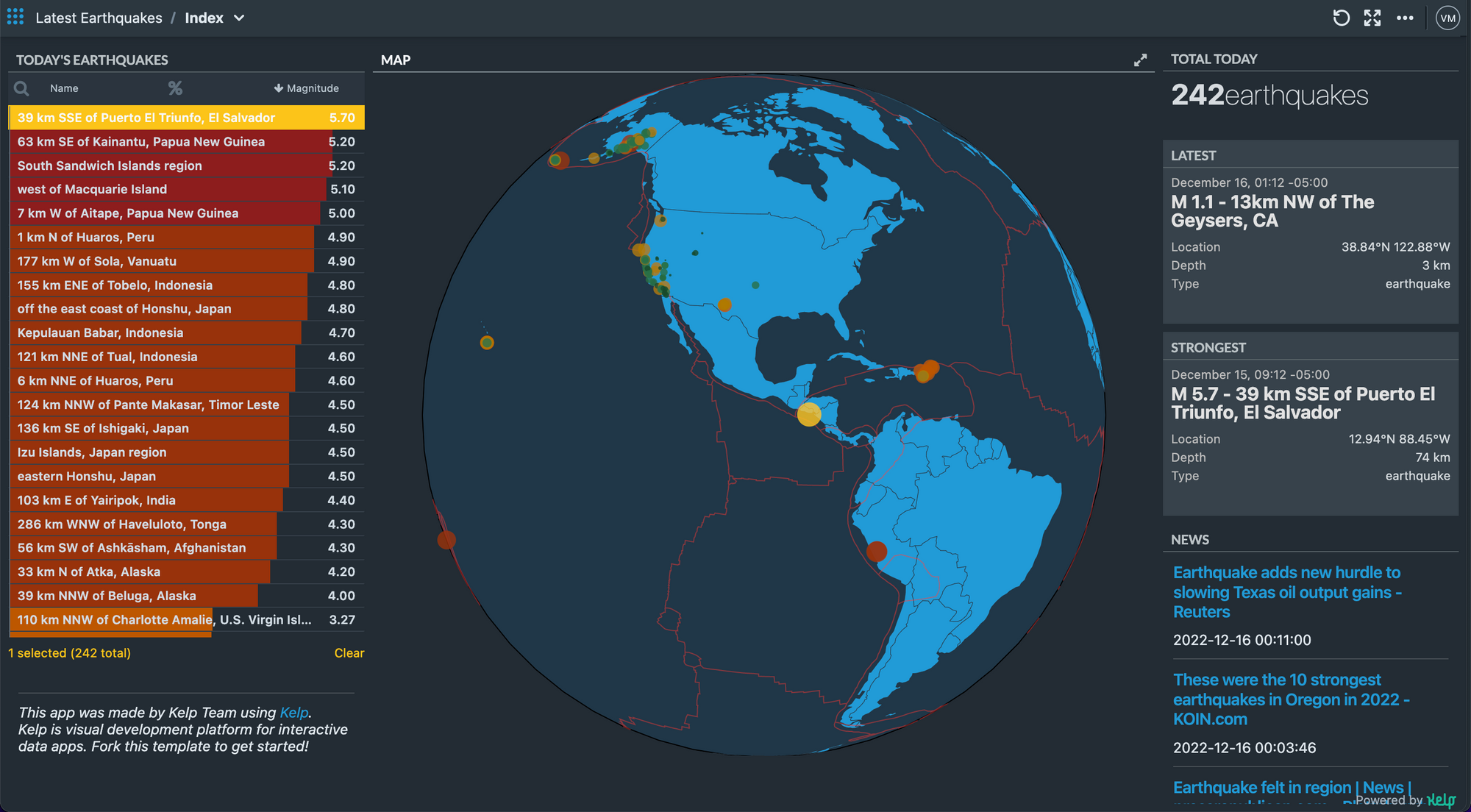 Screenshot of Latest Earthquakes template