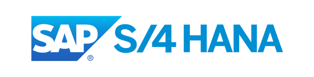 Logo der SAP-Anwendung "S/4 HANA": Links ist das klassische SAP-Logo in weißer Schrift auf einem hellblauen, trapezförmigen Hintergrund. Rechts daneben steht "S/4HANA" in hellblauen Buchstaben.