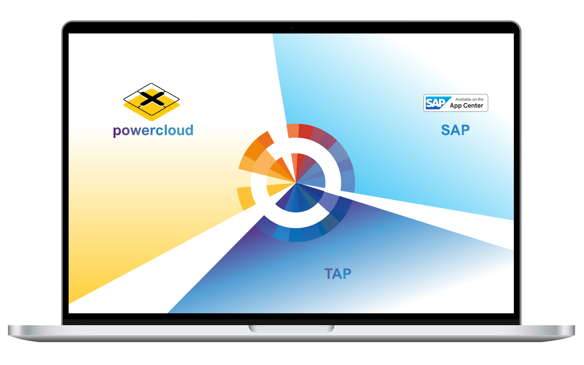 Laptopansicht mit dem encore-Logo in der Mitte, um das sich ein lila-blauer Farbverlauf über das Display erstreckt. Darin sind die Logos von powercloud, SAP und TAP abgebildet.