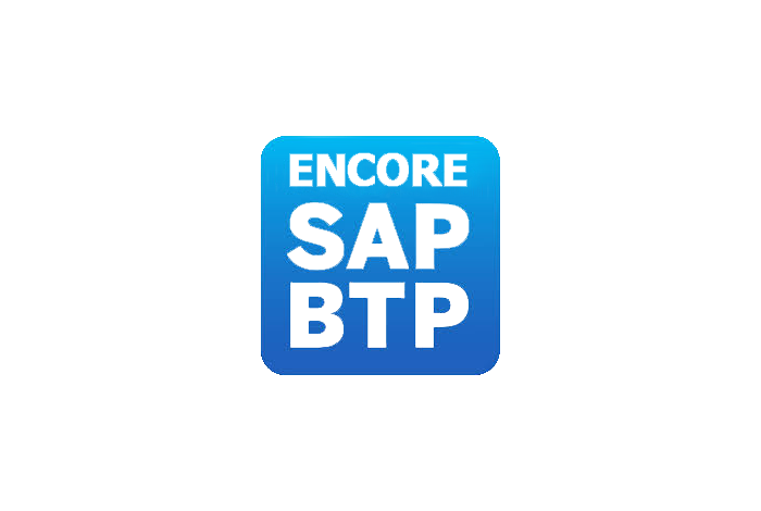 Logo mit der Aufschrift "ENCORE SAP BTP" in silbernen Buchstaben auf einem blauen, abgerundeten Quadrat-Hintergrund.