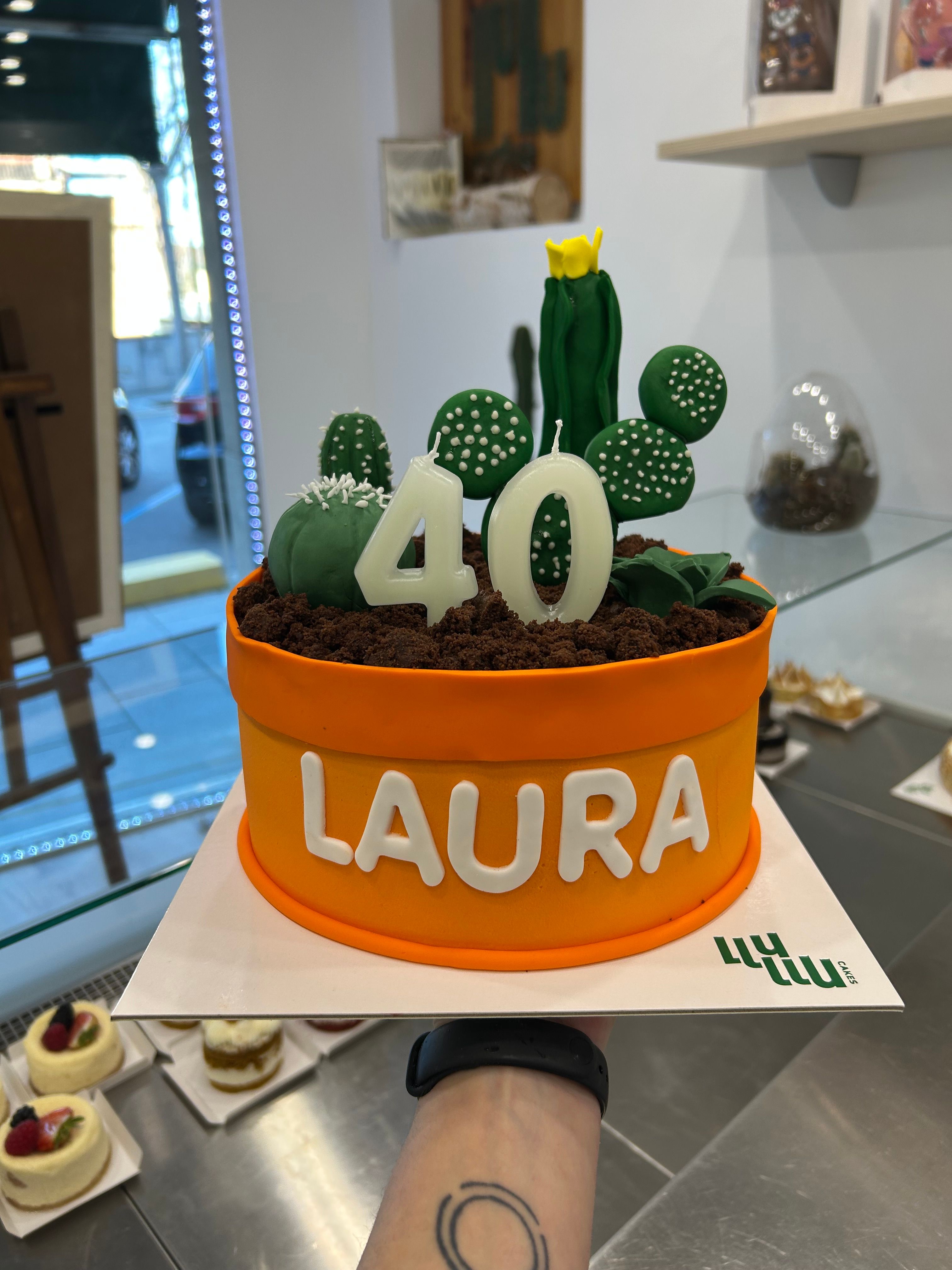 Pastel cactus 40 años tiesto 