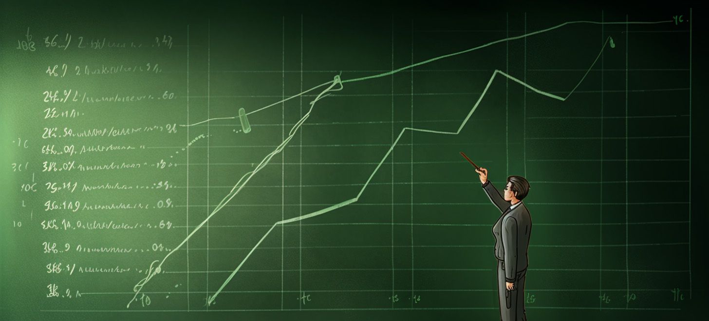 A man in a suit, pointing at a graph on a chalkboard showing rising investment charts