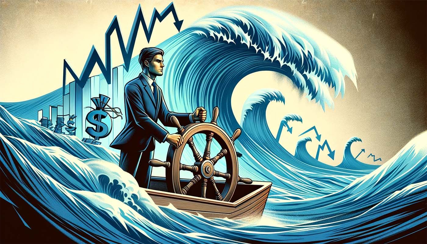 Man at the wheel of a boat navigating rough financial waters. His expression is calm and composed.