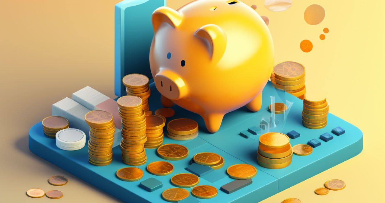 Illustration of a piggy bank with coins on a calculator representing finance