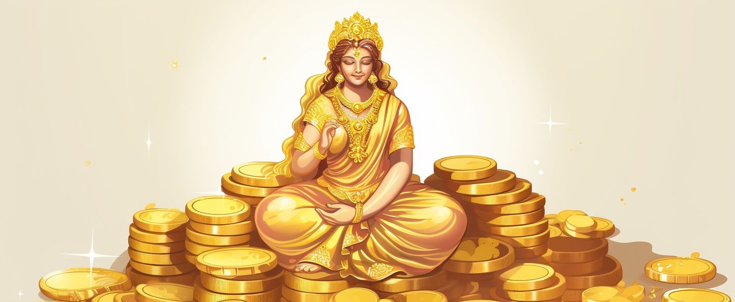 Goddess Lakshmi sitting around gold coins