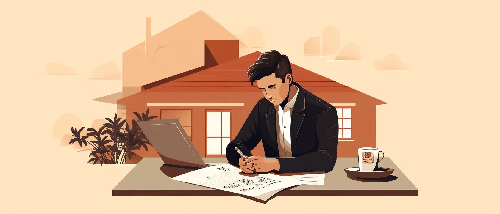 Man writing at a desk daydreaming of a house on his work desk