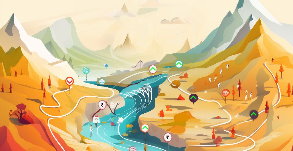 Investment roadmap infographic with strategic icons along a winding path