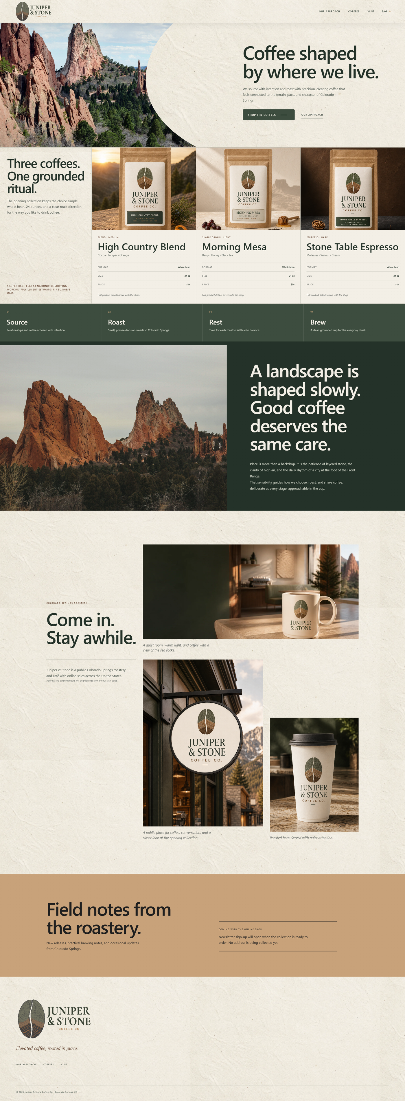 Full-page website design mockup for Juniper & Stone Coffee