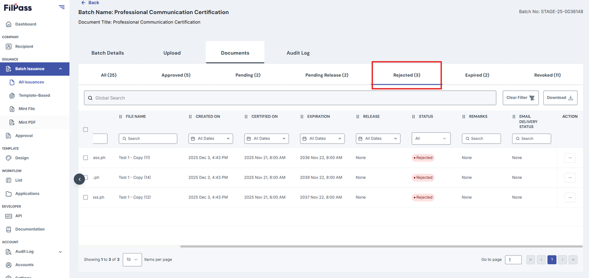 Image of Documents page with the Rejected tab highlighted in a red box