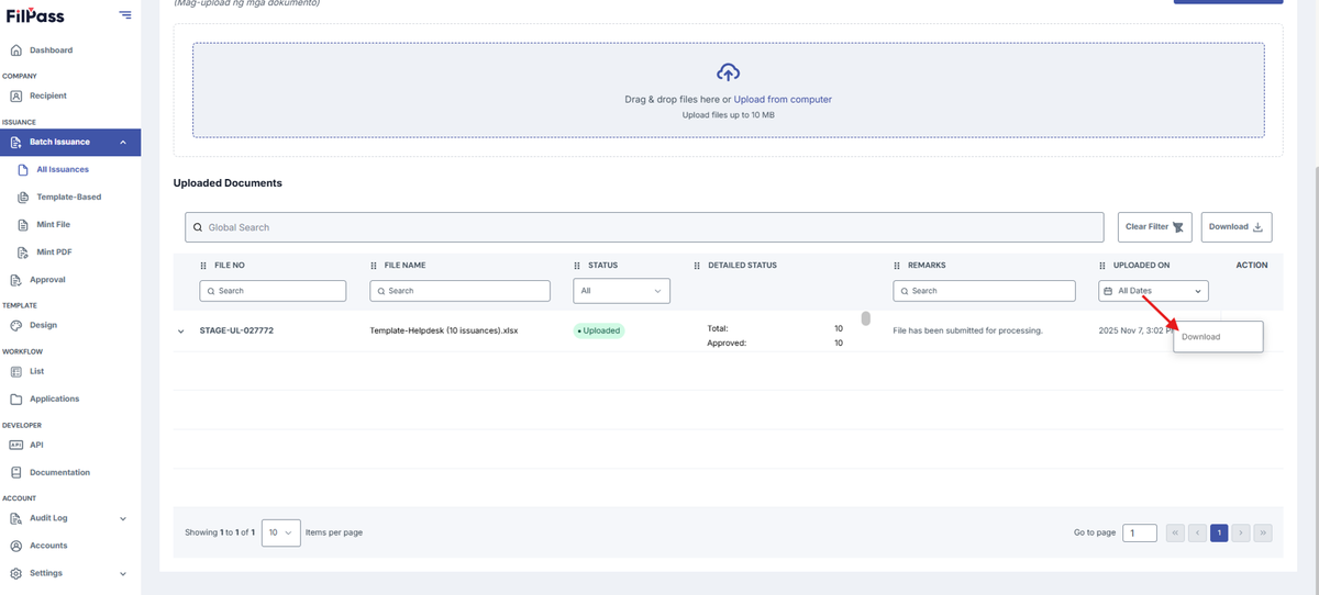 Image of Upload page with the Download button highlighted