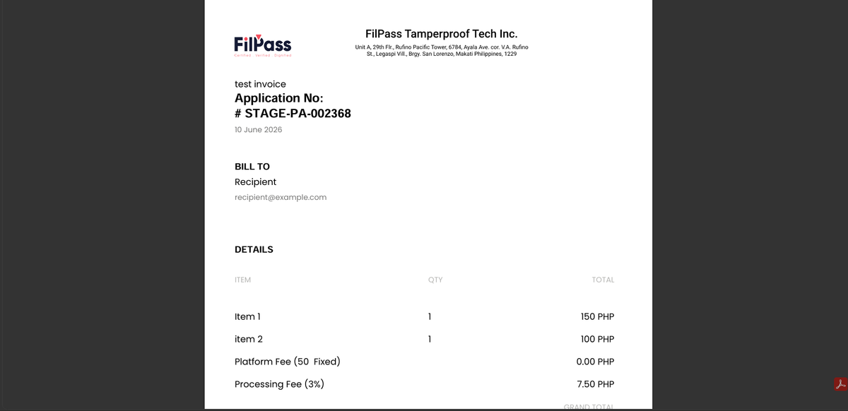 Image of the Invoice window with the downloaded invoice