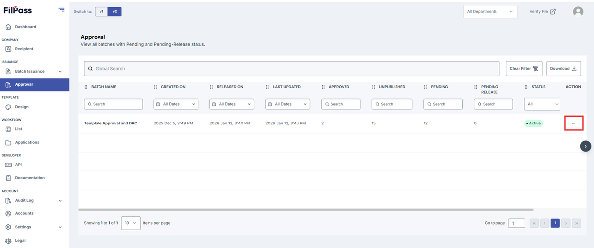Image of Approval page with the Action button highlighted with a red box