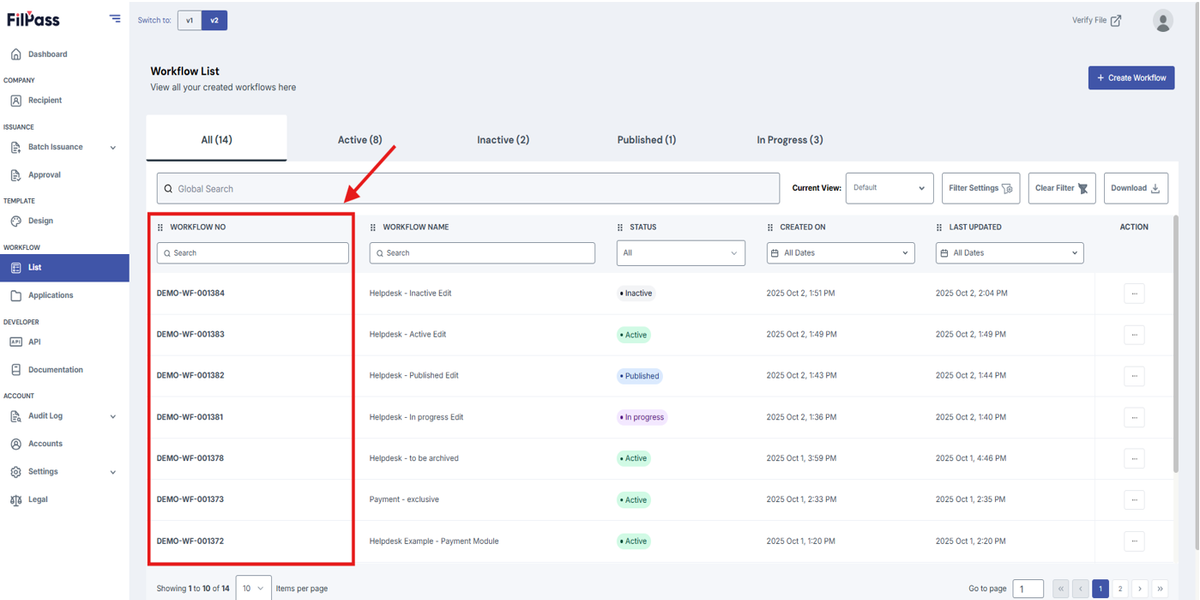 Image of the Workflow List page with the Workflow No column highlighted in a red box