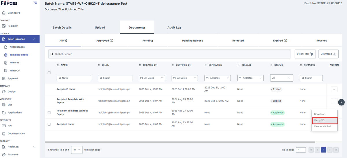 Image of Documents page with the Verify VC button highlighted by a red box