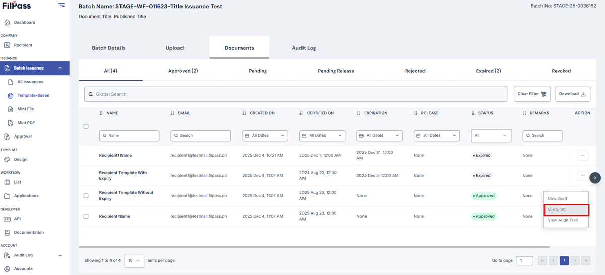 Image of Documents page with the Verify VC button highlighted by a red box
