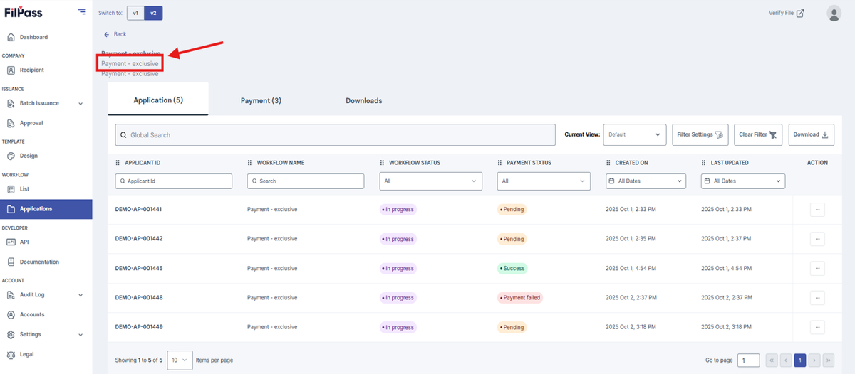 Image of Workflow Applications page with the Published Workflow Name highlighted in a red box