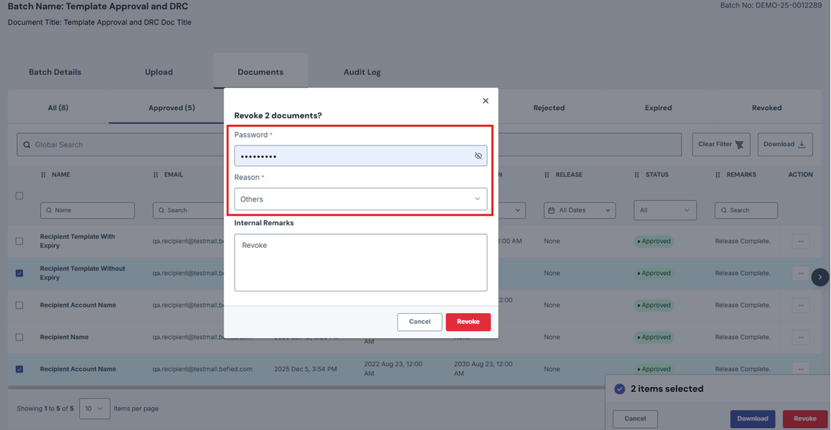 Image of Revoke modal with Password and Reason fields highlighted in a red box