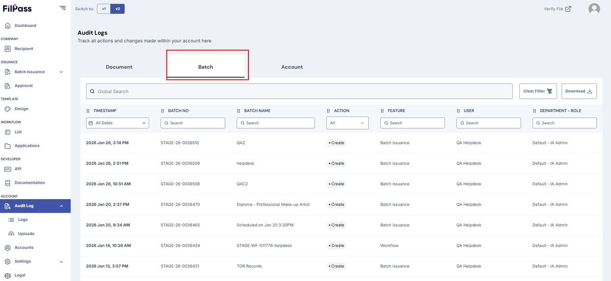 Image of the Document tab of the Audit Logs table