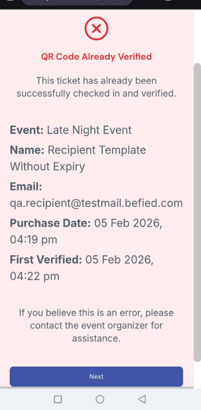 Image of the Check in page with the error QR Code already verified