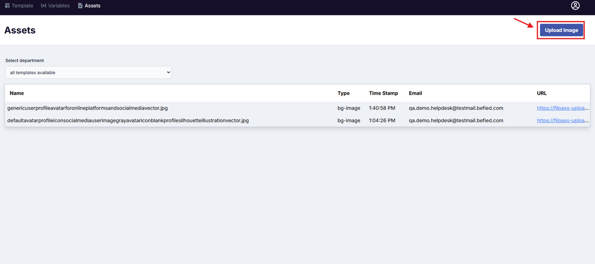 Image of the Assets page with the Upload Image button highlighted in a red box