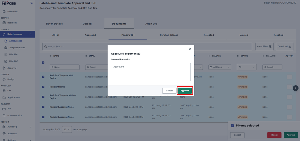 Image of Approve confirmation modal with Approve button highlighted by a red box