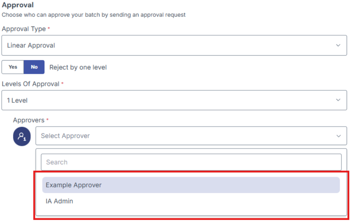 Image of Approvers field with the Approver dropdown choices highlighted in a red box
