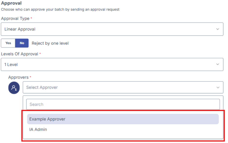 Image of Approvers field with the Approver dropdown choices highlighted in a red box