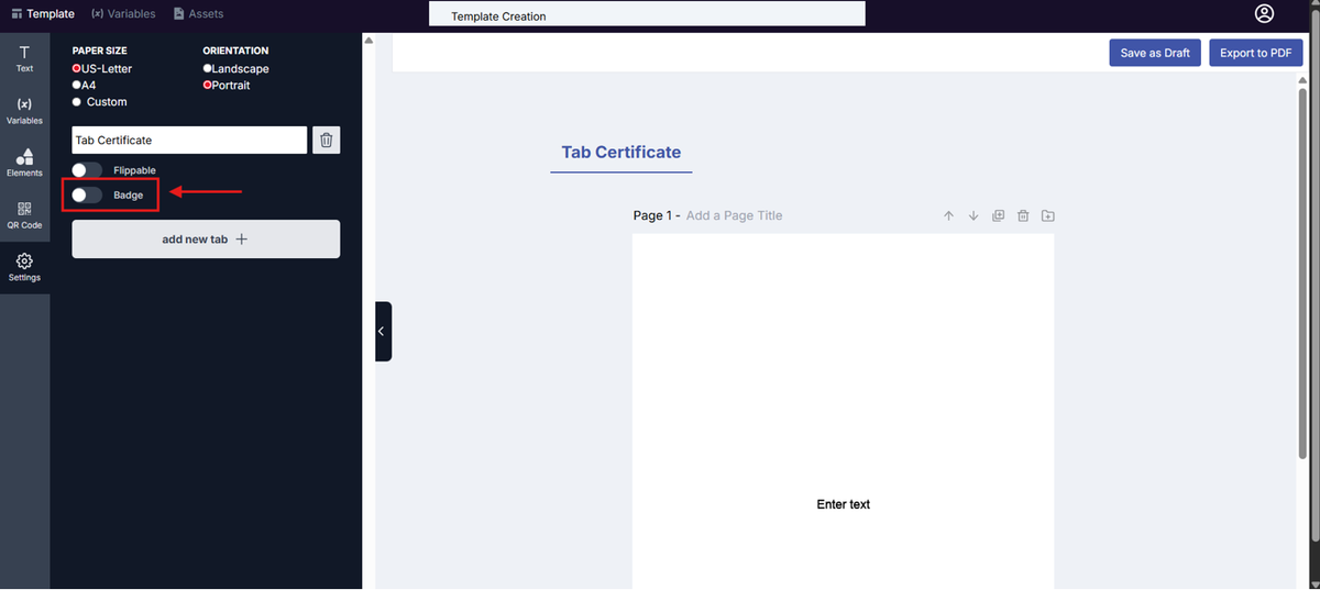 Image of the Template Design page with the Badge toggle highlighted in a red box