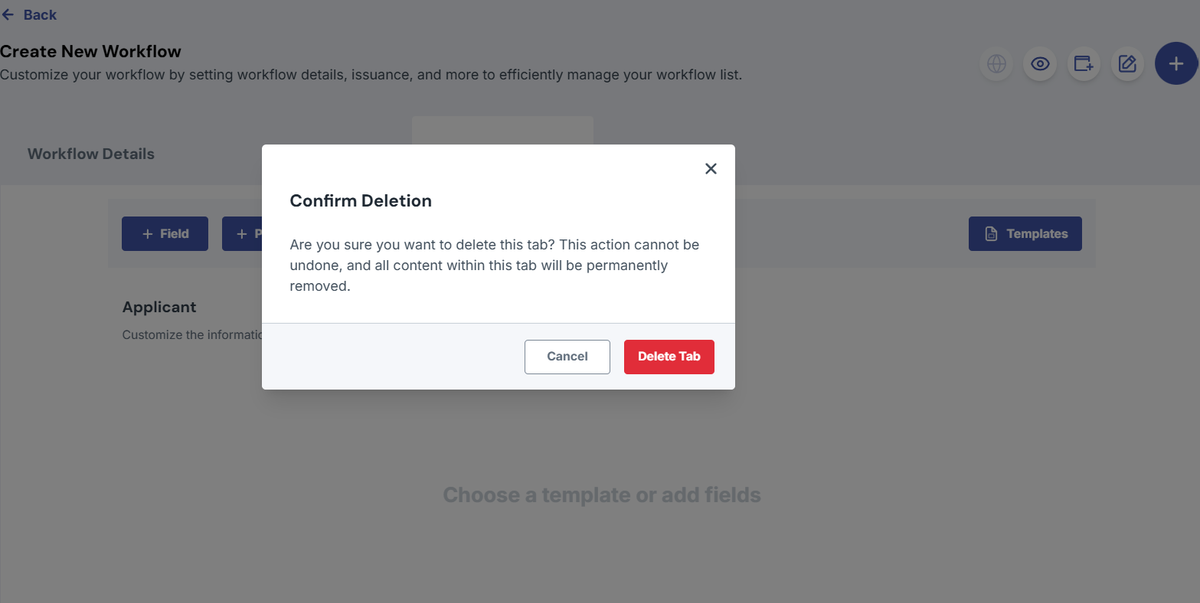 Image of the create workflow page with the confirm deletion modal