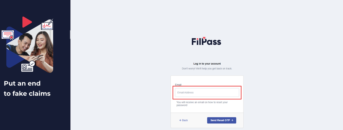 Image of the Forgot Password page with the Email field highlighted in a red box