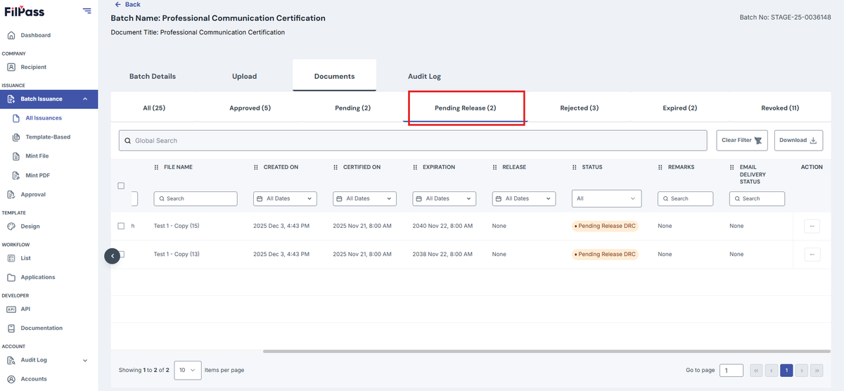 Image of Document page with Pending Release tab highlighted in a red box
