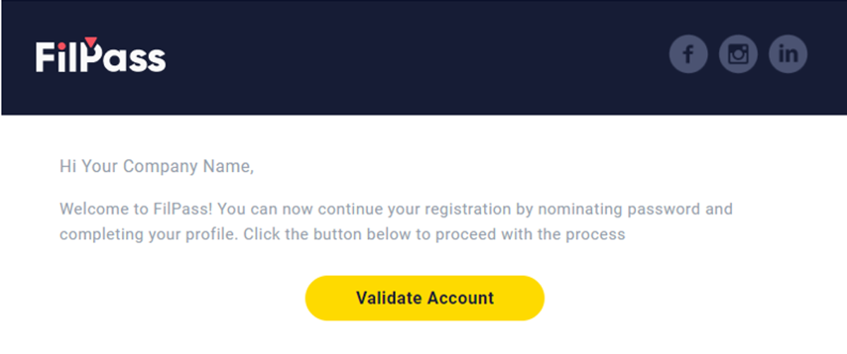 Image of the Email received by the recipient with a button to Validate account
