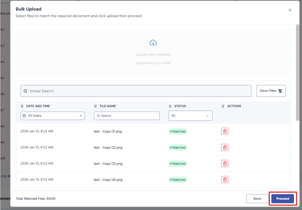 Image of Bulk Upload modal with Proceed button highlighted in a red box