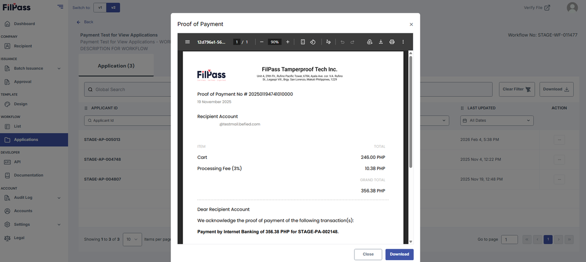 Image of the Proof of Payment Modal with the Proof of Payment preview