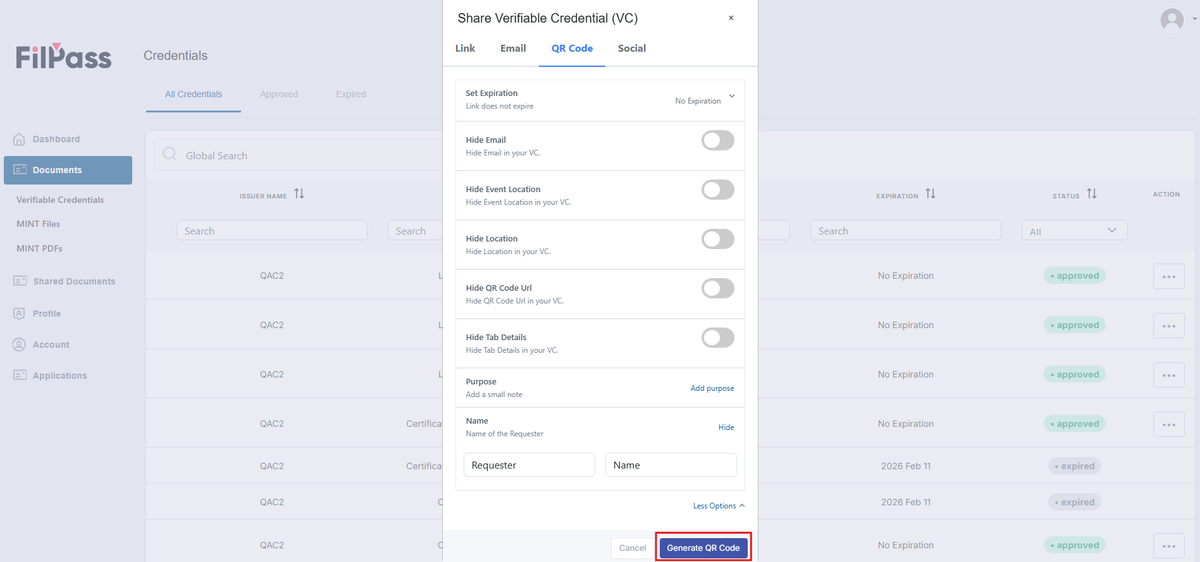 Image of the Share modal with the Generate QR Code button highlighted in a red box