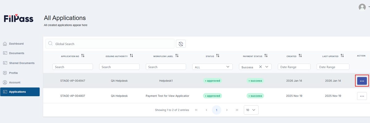 Image of the Applications page with the Action button highlighted in a red box