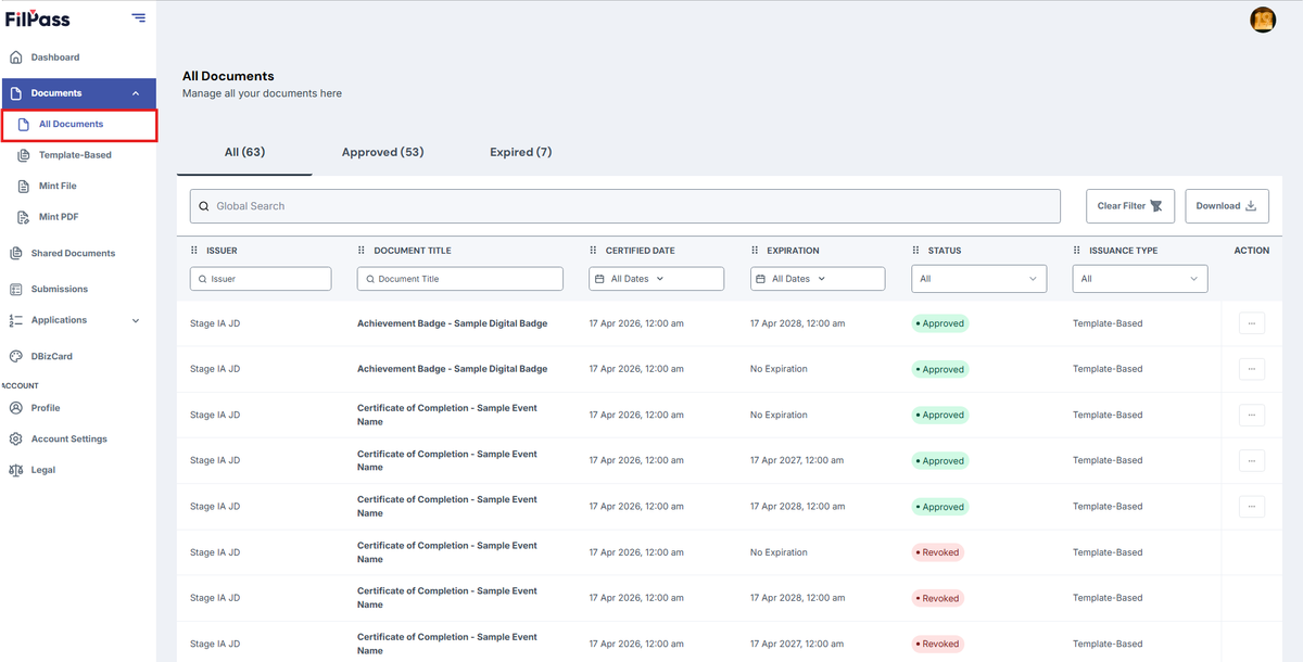 Image of the Dashboard page with the Documents button highlighted in a red box