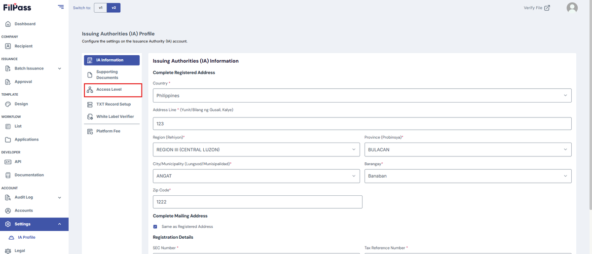 Image of the IA Profile page with a highlighted Access Level tab.