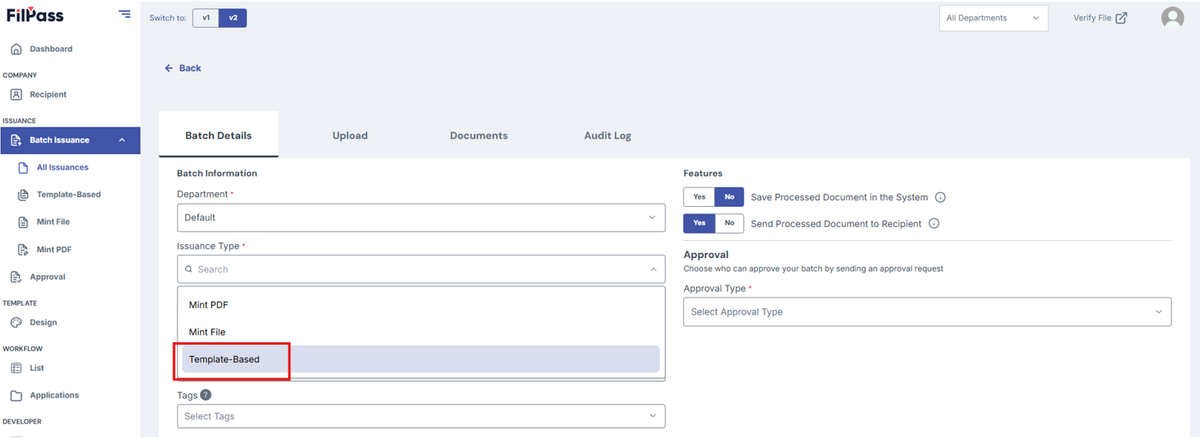 Image of Create batch page with Issuance Type dropdown choice, "Template-Based" highlighted in a red box